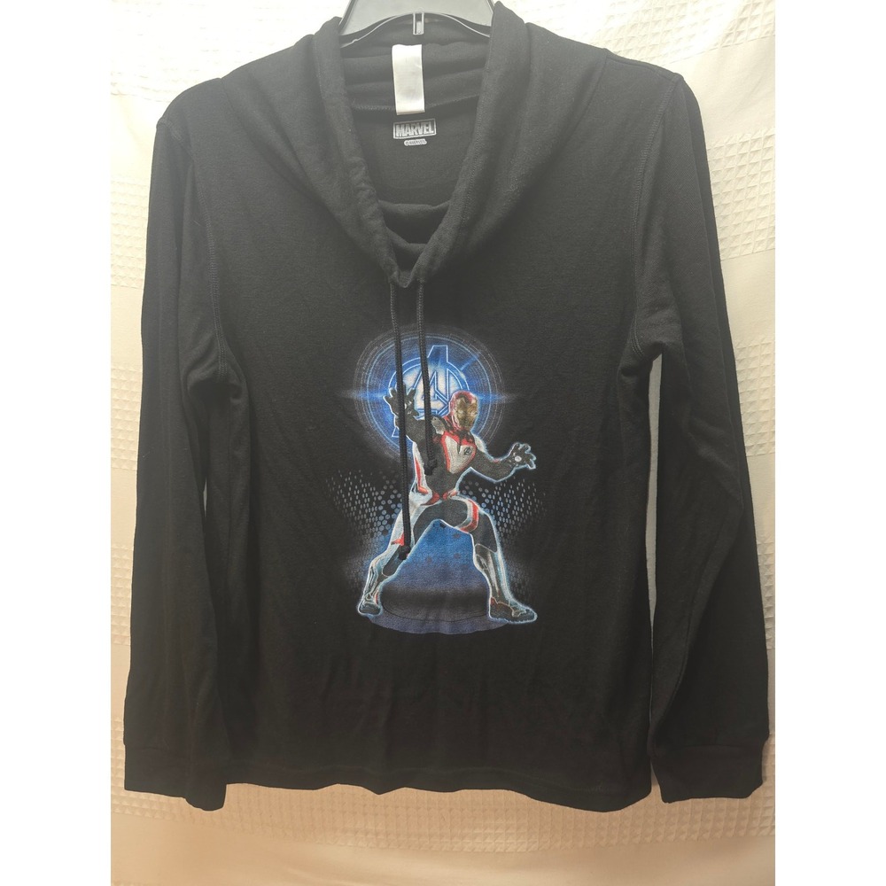 Marvel Sweater Womens Size Large Black Long Sleeve Cowl Neck Drawstring Iron Man